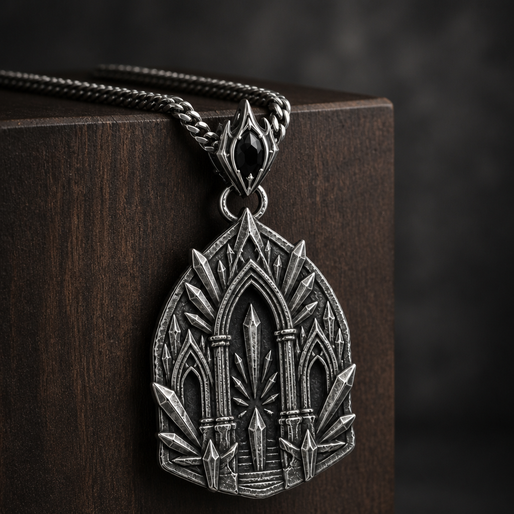 Oxidized 925 sterling silver pendant necklace with a sacred arch temple relief, raised shard-like silver details, round connector and curb chain on a black background.