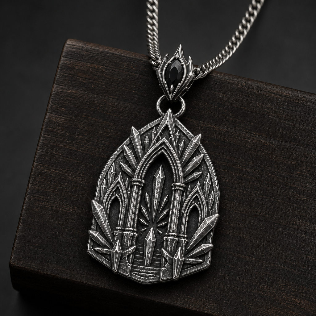 Oxidized 925 sterling silver pendant necklace with a sacred arch temple relief, raised shard-like silver details, round connector and curb chain on a black background.