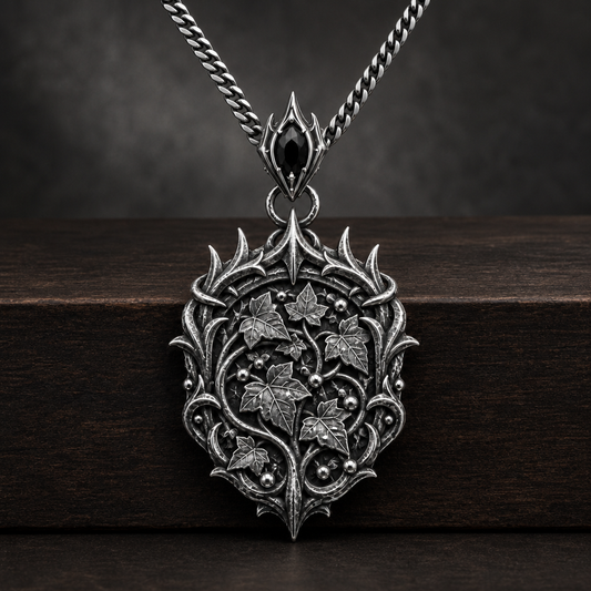 Oxidized 925 sterling silver pendant necklace with an elven thorn crown frame, raised ivy leaves and bead-like dew details on an included curb chain.