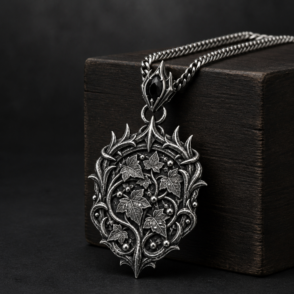 Oxidized 925 sterling silver pendant necklace with an elven thorn crown frame, raised ivy leaves and bead-like dew details on an included curb chain.