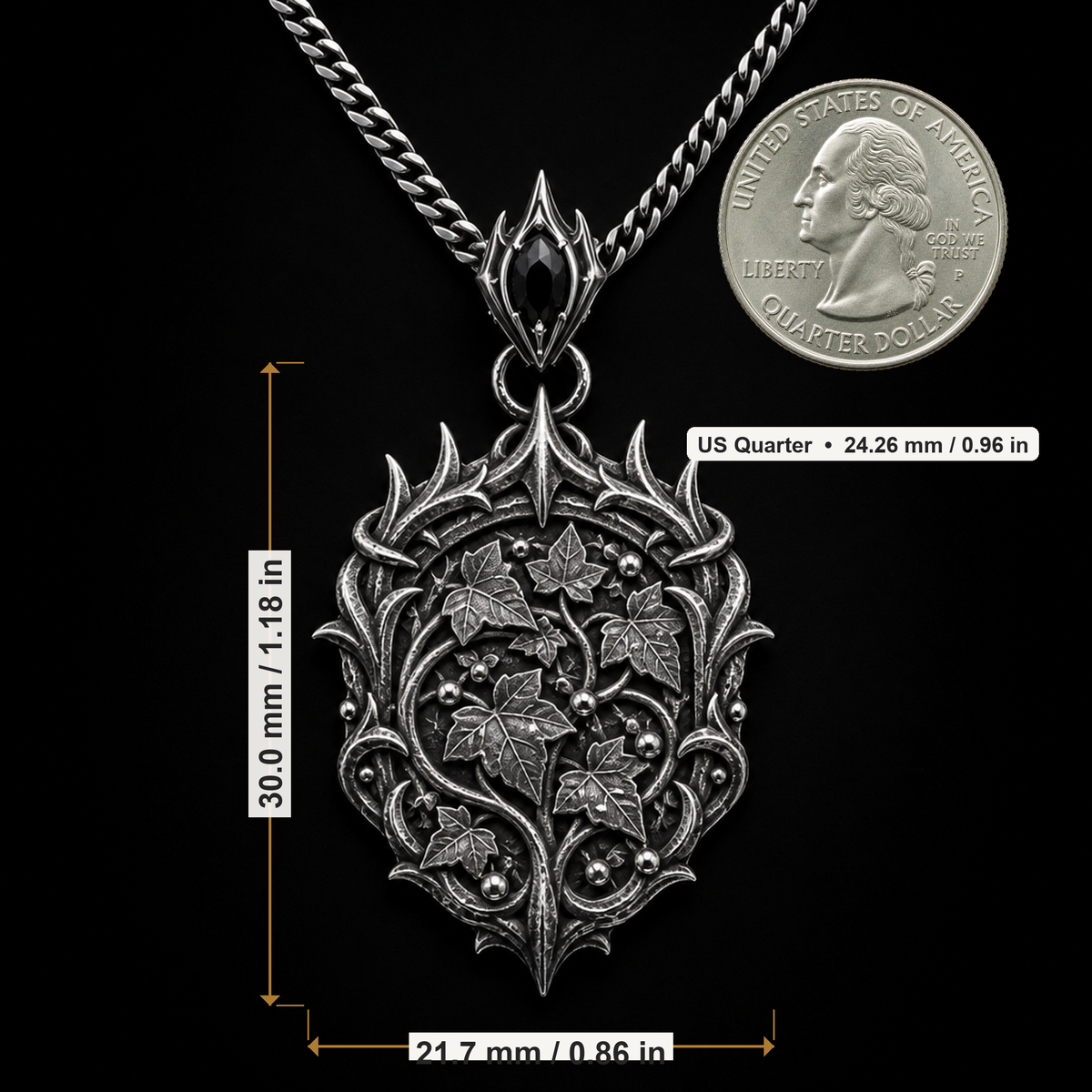 Oxidized 925 sterling silver pendant necklace with an elven thorn crown frame, raised ivy leaves and bead-like dew details on an included curb chain.