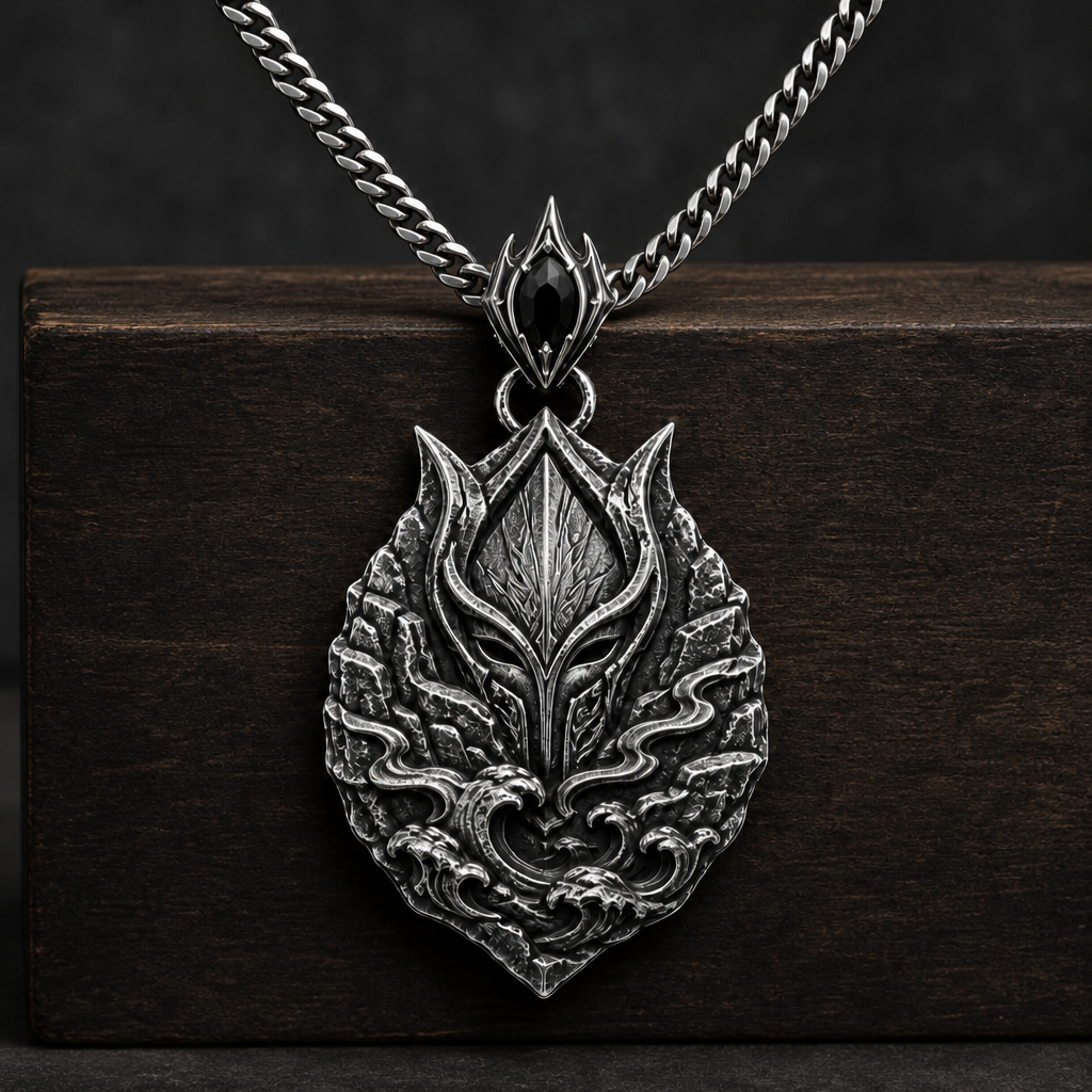 Oxidized 925 sterling silver Tidecliff Guardian pendant necklace with crest-like mask relief, cliff textures, wave details, and included curb chain on a dark background.