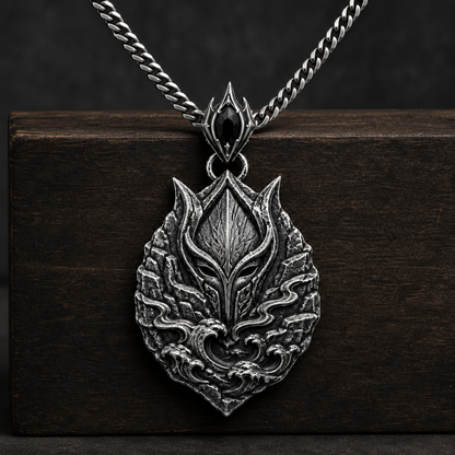 Oxidized 925 sterling silver Tidecliff Guardian pendant necklace with crest-like mask relief, cliff textures, wave details, and included curb chain on a dark background.