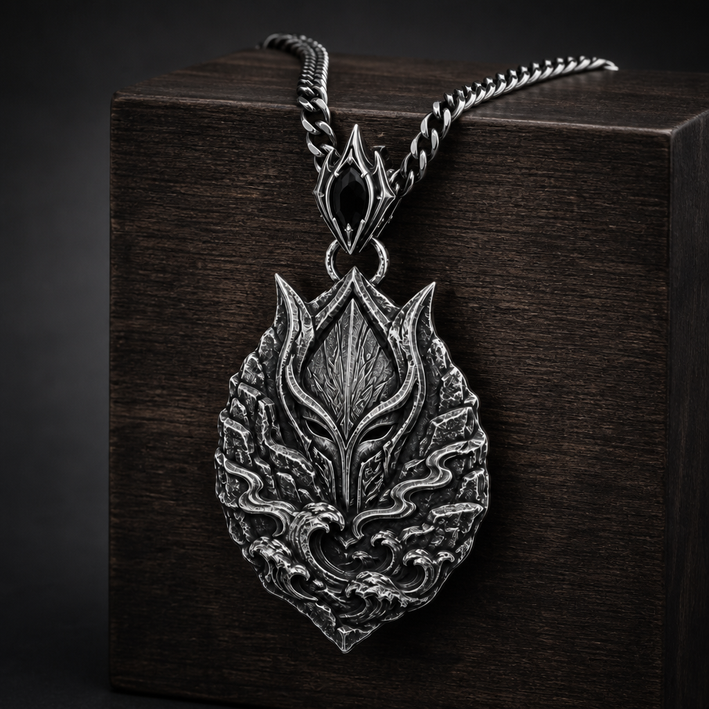 Oxidized 925 sterling silver Tidecliff Guardian pendant necklace with crest-like mask relief, cliff textures, wave details, and included curb chain on a dark background.