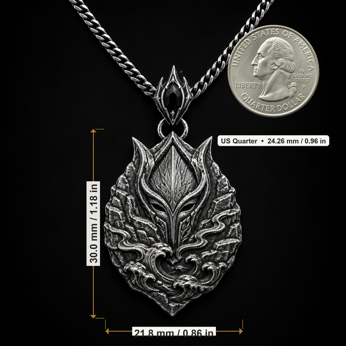 Oxidized 925 sterling silver Tidecliff Guardian pendant necklace with crest-like mask relief, cliff textures, wave details, and included curb chain on a dark background.