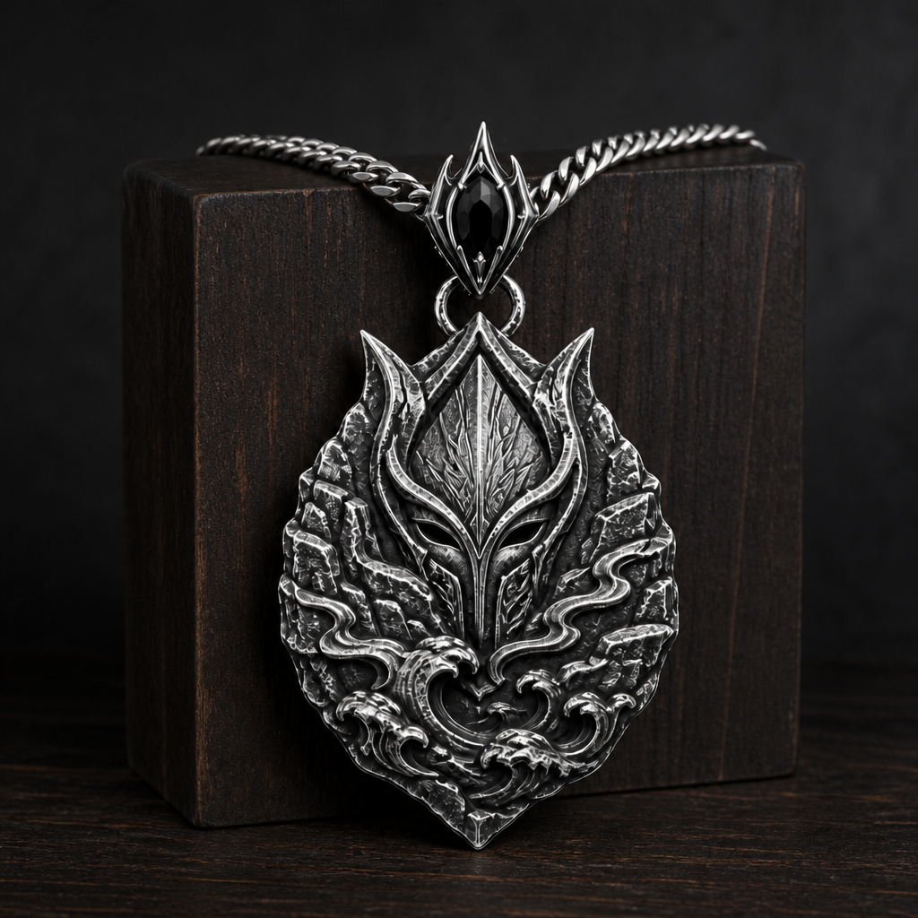Oxidized 925 sterling silver Tidecliff Guardian pendant necklace with crest-like mask relief, cliff textures, wave details, and included curb chain on a dark background.
