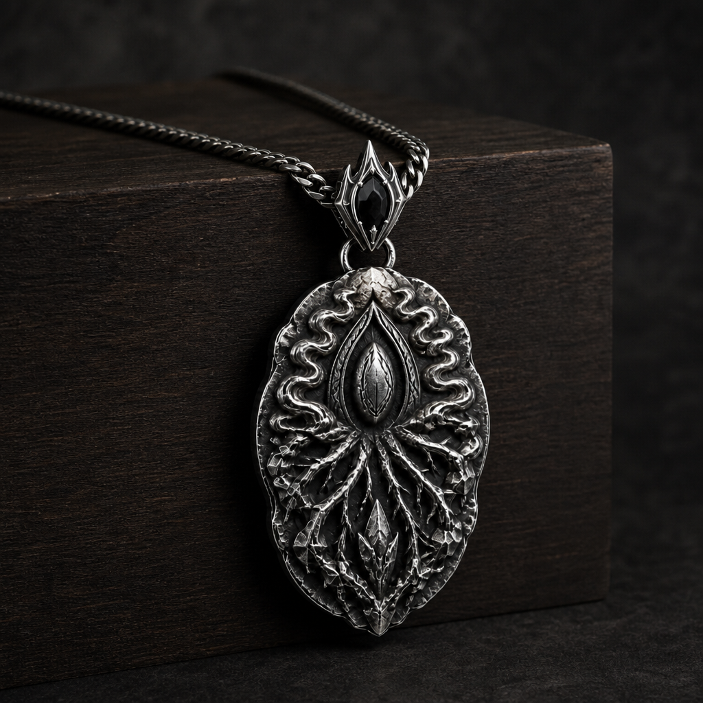 Oxidized 925 sterling silver pendant necklace with curb chain, raised oval memory-core center, root-like relief details, flowing mist shapes, and antique dark finish.