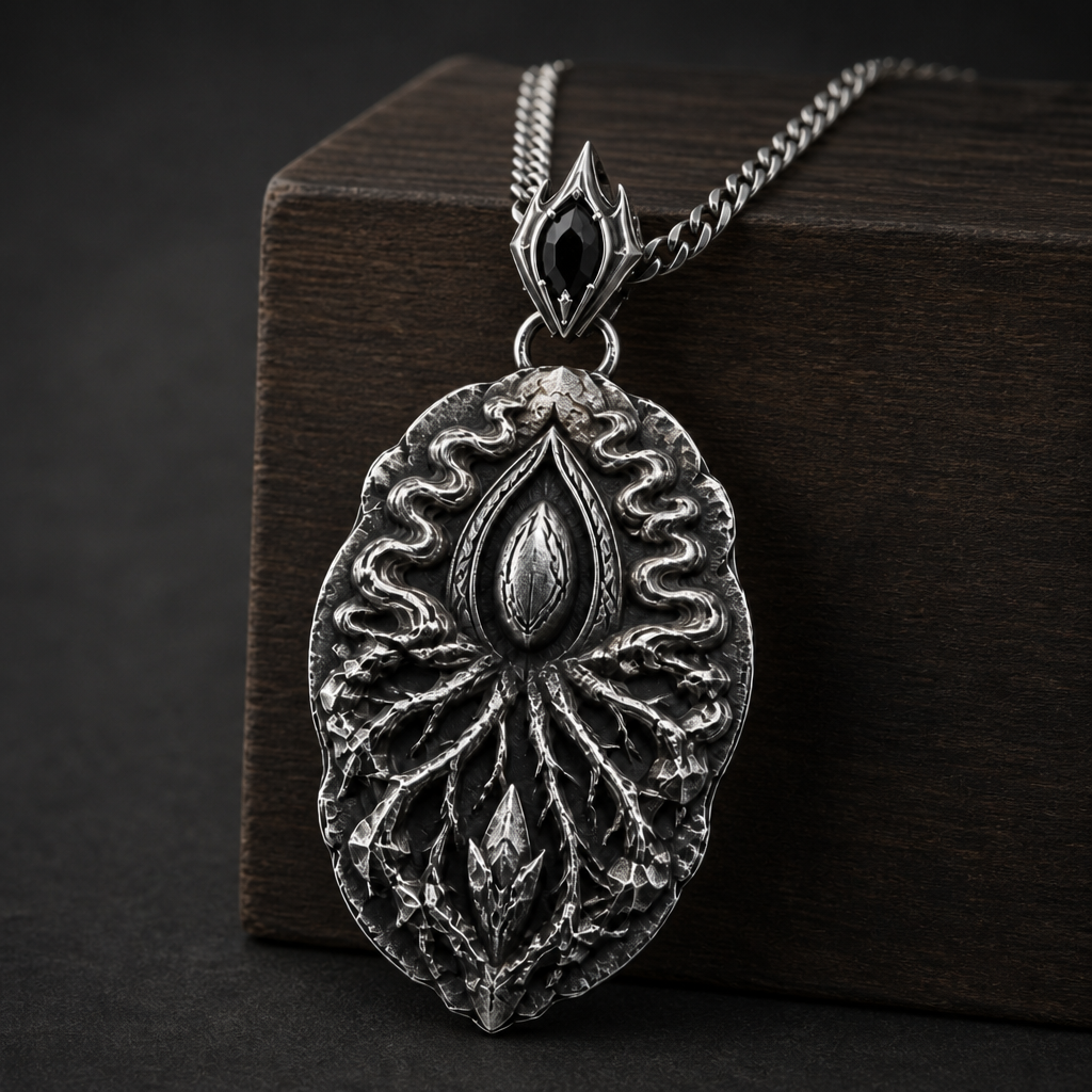 Oxidized 925 sterling silver pendant necklace with curb chain, raised oval memory-core center, root-like relief details, flowing mist shapes, and antique dark finish.