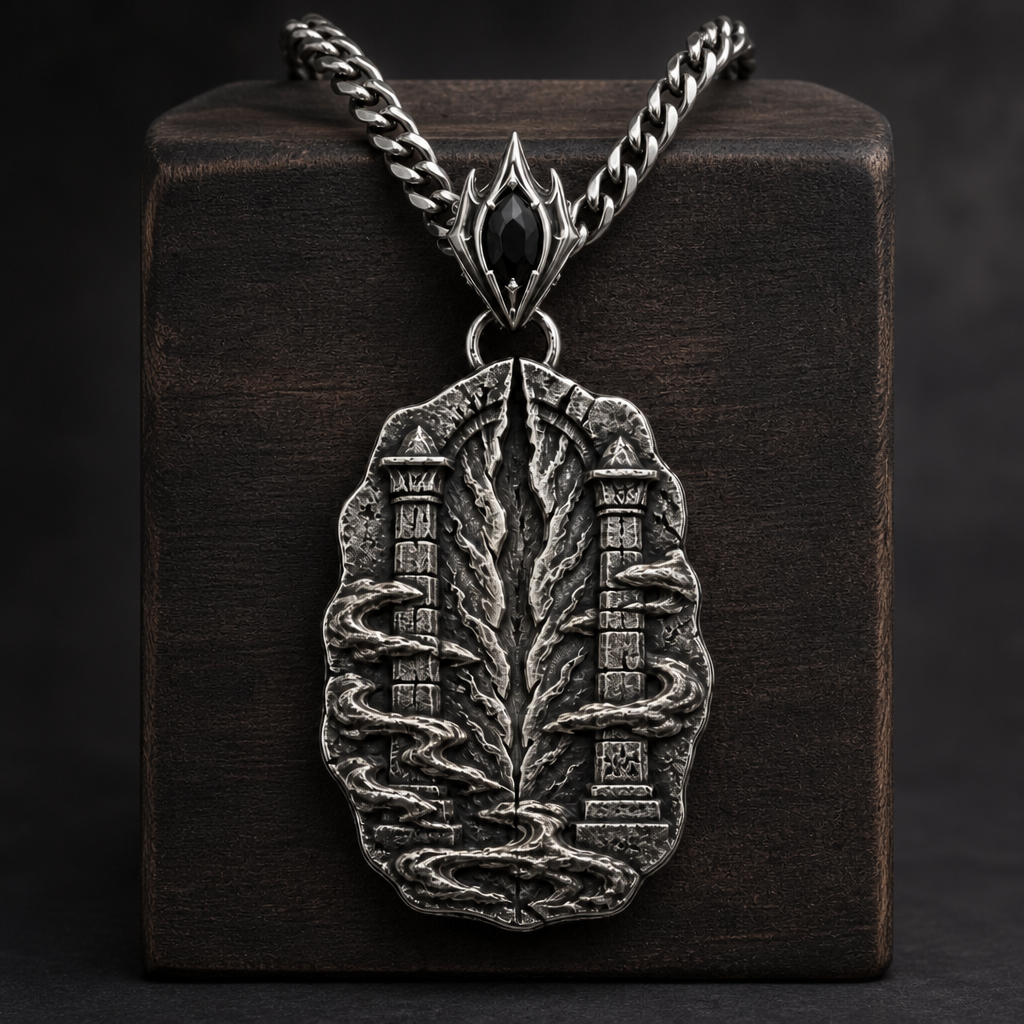 Oxidized 925 sterling silver pendant necklace with a raised rift beacon relief, carved pillar motifs, swirling fog details, ornate bail and curb chain on a dark background.