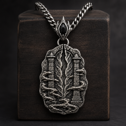 Oxidized 925 sterling silver pendant necklace with a raised rift beacon relief, carved pillar motifs, swirling fog details, ornate bail and curb chain on a dark background.