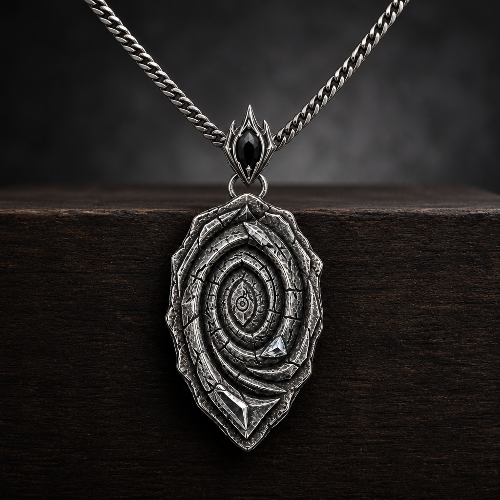 Oxidized 925 sterling silver pendant necklace with a layered spiral relief, central oval motif, angular raised highlights, pointed lower edge, and curb chain on a black background.