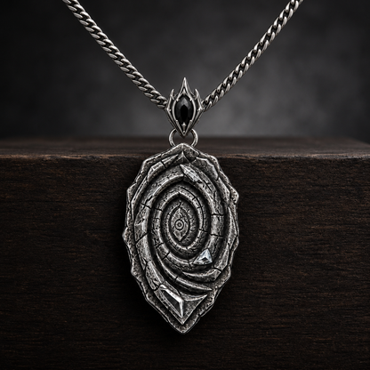 Oxidized 925 sterling silver pendant necklace with a layered spiral relief, central oval motif, angular raised highlights, pointed lower edge, and curb chain on a black background.