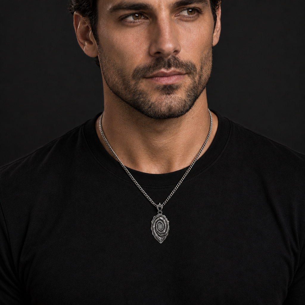 Oxidized 925 sterling silver pendant necklace with a layered spiral relief, central oval motif, angular raised highlights, pointed lower edge, and curb chain on a black background.