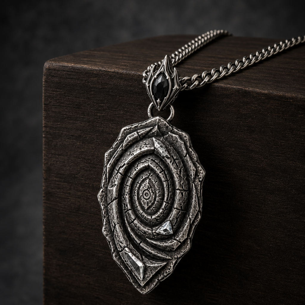 Oxidized 925 sterling silver pendant necklace with a layered spiral relief, central oval motif, angular raised highlights, pointed lower edge, and curb chain on a black background.