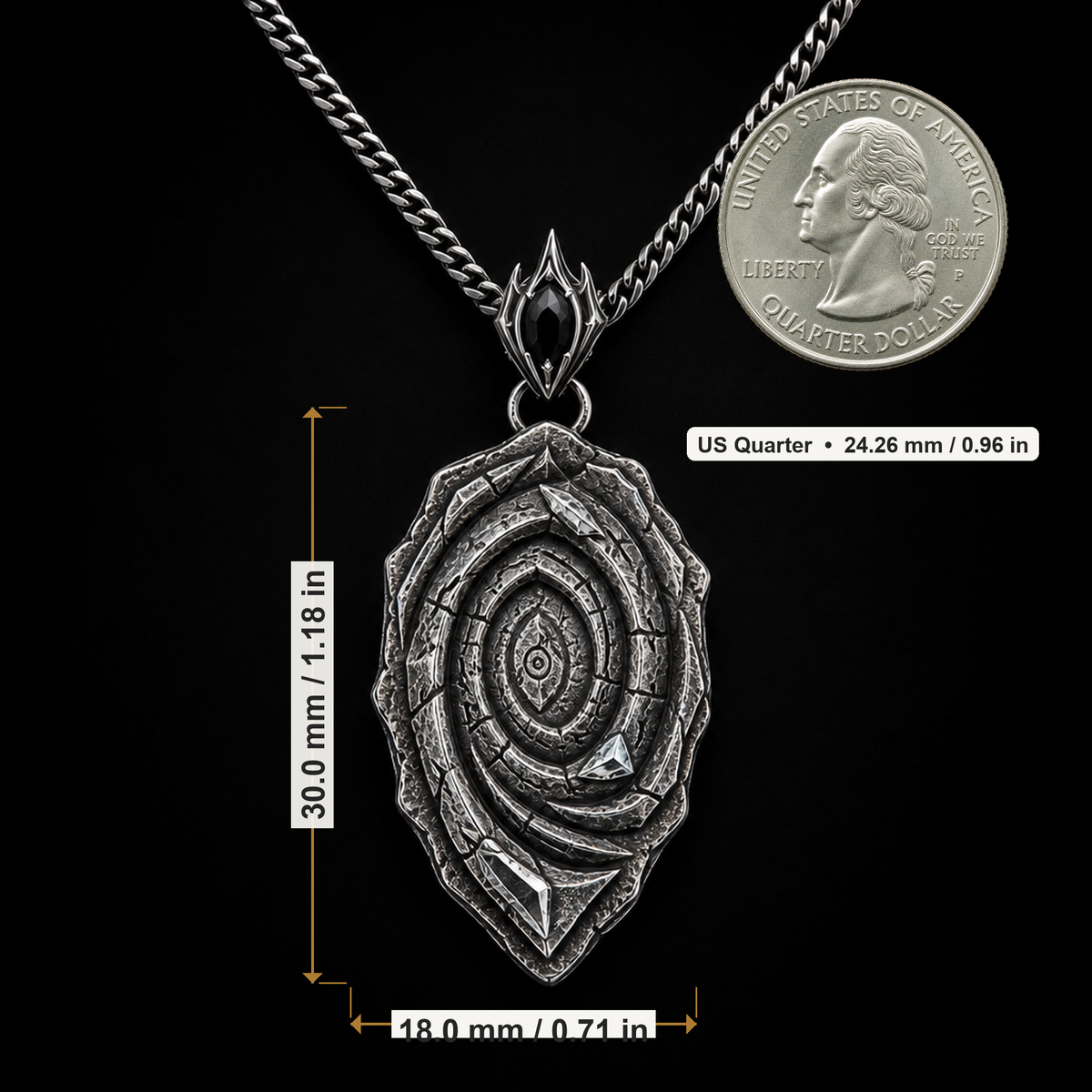 Oxidized 925 sterling silver pendant necklace with a layered spiral relief, central oval motif, angular raised highlights, pointed lower edge, and curb chain on a black background.