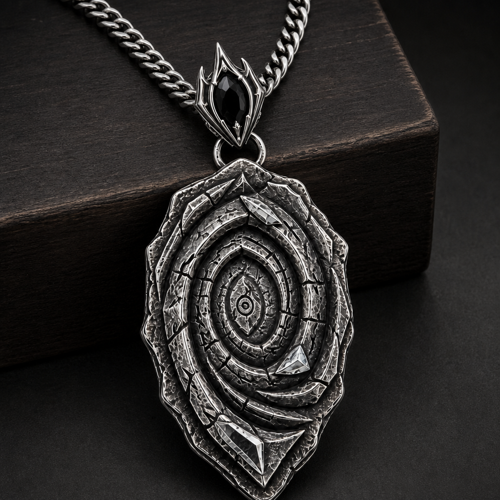 Oxidized 925 sterling silver pendant necklace with a layered spiral relief, central oval motif, angular raised highlights, pointed lower edge, and curb chain on a black background.
