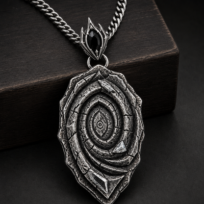Oxidized 925 sterling silver pendant necklace with a layered spiral relief, central oval motif, angular raised highlights, pointed lower edge, and curb chain on a black background.