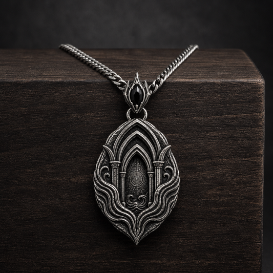 Oxidized 925 sterling silver men's pendant necklace with nested arch relief, flowing wave grooves, pointed silhouette, decorative bail and curb chain on a dark background.
