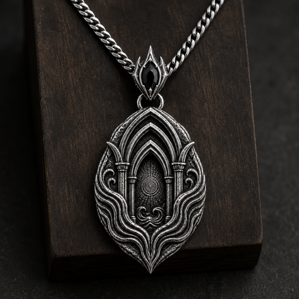 Oxidized 925 sterling silver men's pendant necklace with nested arch relief, flowing wave grooves, pointed silhouette, decorative bail and curb chain on a dark background.