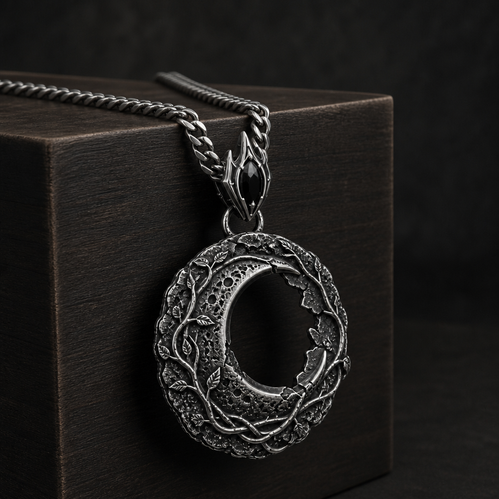 Oxidized 925 sterling silver hollow moon pendant with raised vine details, crater-like texture, ornate bail and included curb chain on a black background.