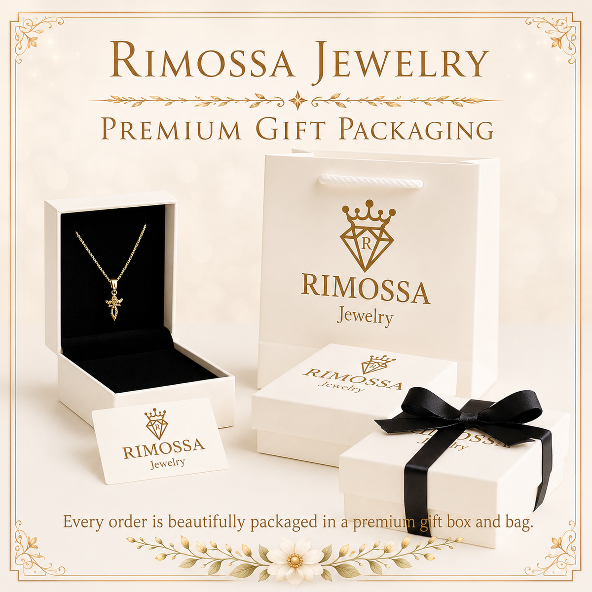 RIMOSSA premium packaging arrangement with white boxes, black ribbon, and a gold floral border
