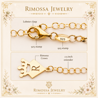 Lobster clasp, physical 925 hallmark, crown end detail, and 2.5-inch extender chain graphic