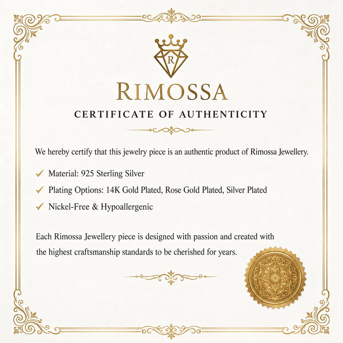 RIMOSSA certificate-style jewelry information graphic with material and finish text