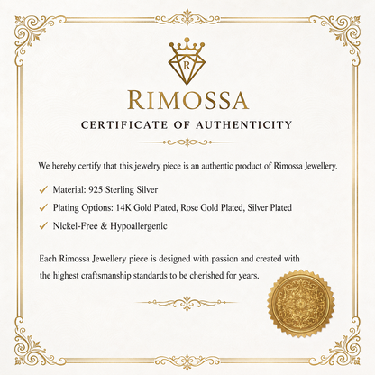 RIMOSSA certificate-style jewelry information graphic with material and finish text