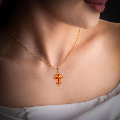 Coral Cross Necklace: 925 Sterling Silver, 14k Gold Plated