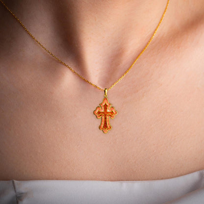 Coral Cross Necklace: 925 Sterling Silver, 14k Gold Plated