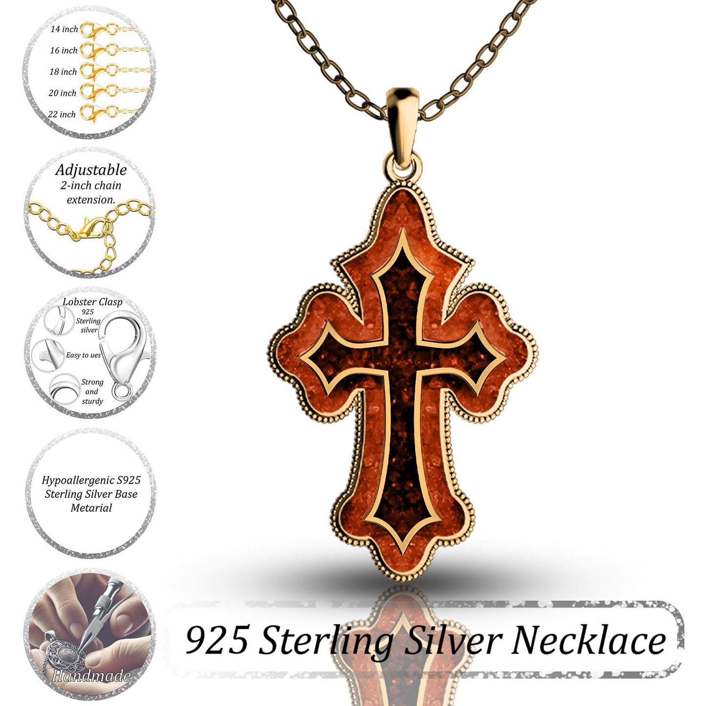 Coral Cross Necklace: 925 Sterling Silver, 14k Gold Plated
