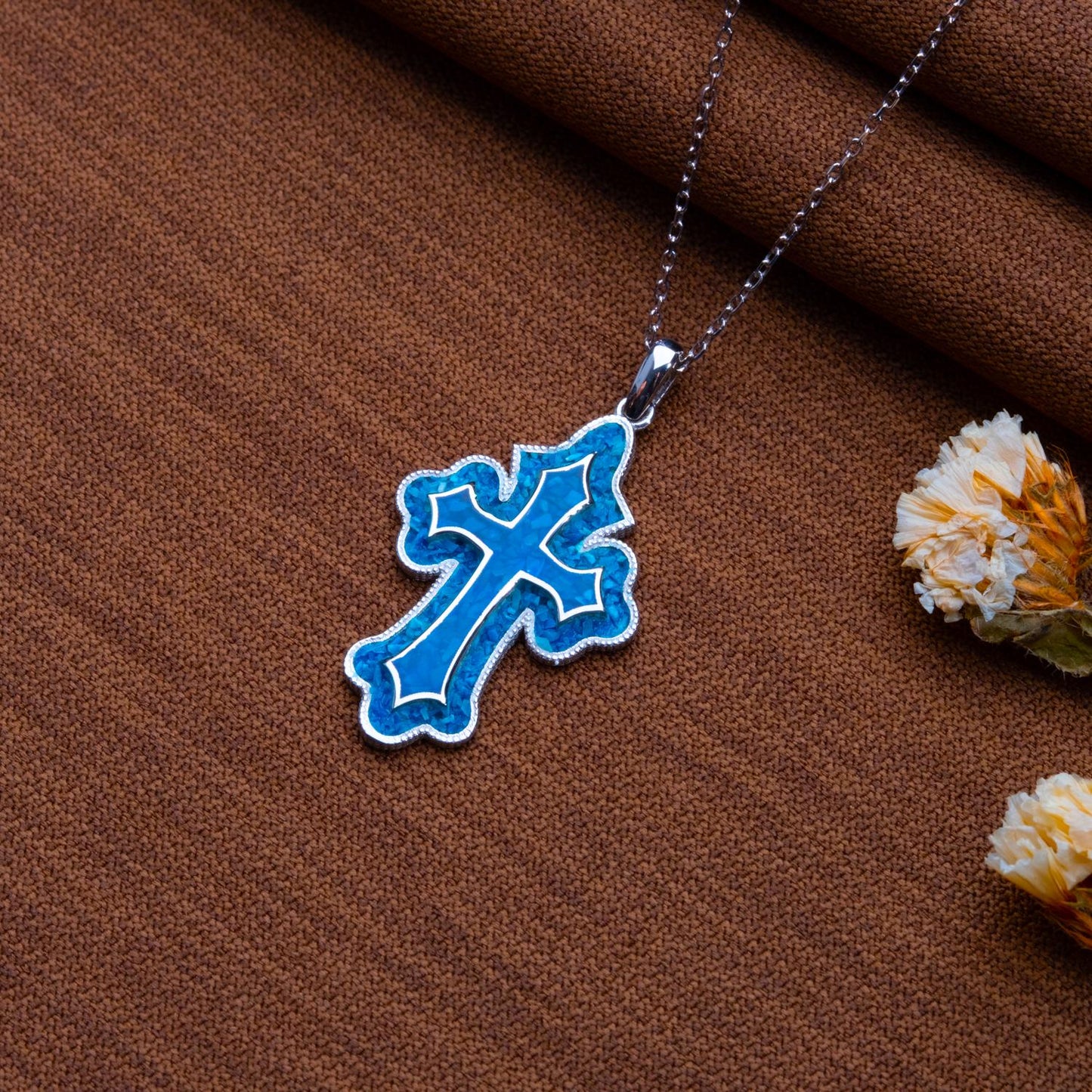 Handmade Azurite Cross Pendant Necklace: Sterling Silver Gemstone Jewelry
