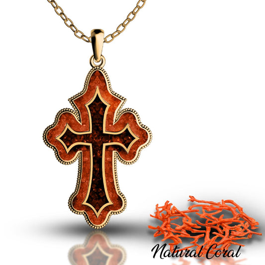 Coral Cross Necklace: 925 Sterling Silver, 14k Gold Plated