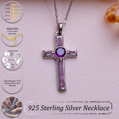 Dainty Amethyst Cross Necklace: Sterling Silver, Birthstone Charm