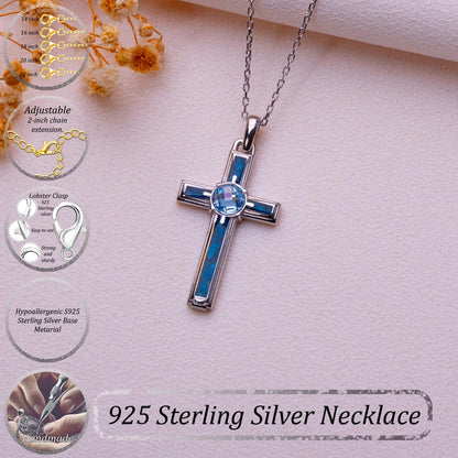 Blue Agate Cross Necklace: Sterling Silver, Birthstone Pendant