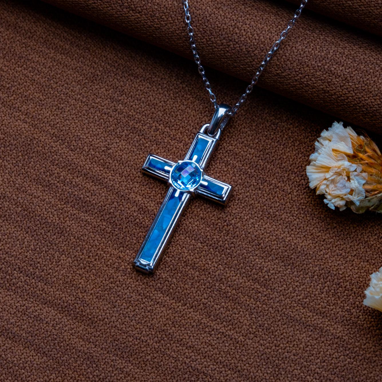 Blue Agate Cross Necklace: Sterling Silver, Birthstone Pendant