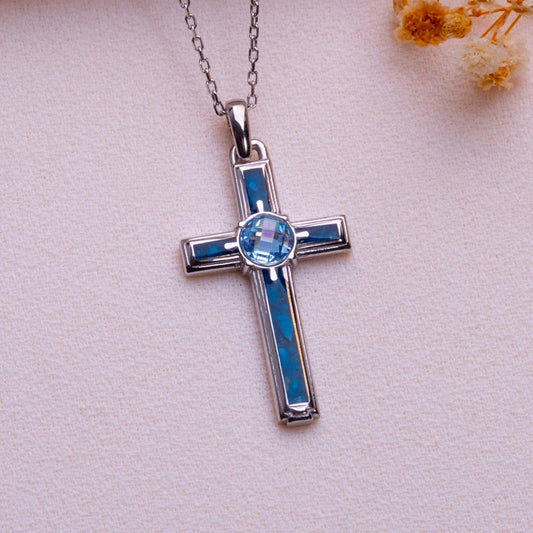 Blue Agate Cross Necklace: Sterling Silver, Birthstone Pendant
