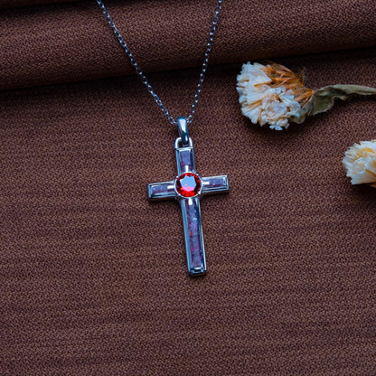 Garnet Birthstone Cross Necklace: Sterling Silver, Gold Plated