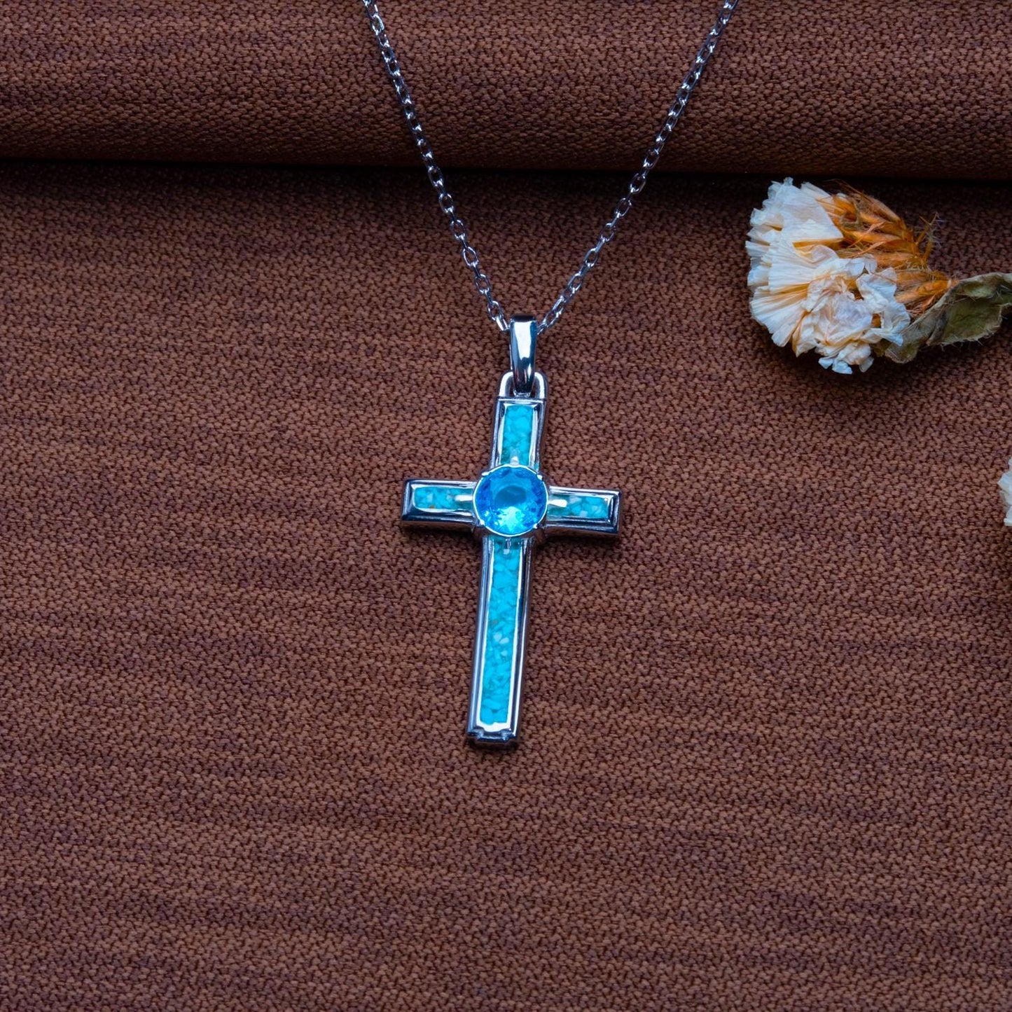 Turquoise Cross Necklace: Sterling Silver Faith Pendant with Birthstone