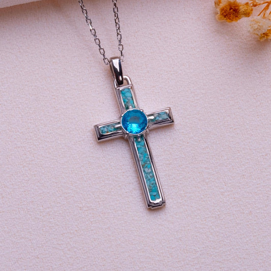 Turquoise Cross Necklace: Sterling Silver Faith Pendant with Birthstone