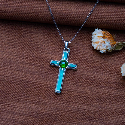 Sterling Silver Aventurine Cross Necklace: Birthstone Pendant, 14K Gold Plated