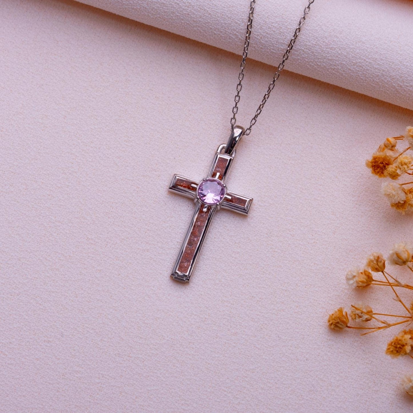 Sunstone Cross Necklace: Sterling Silver Crucifix Pendant, Birthstone Option