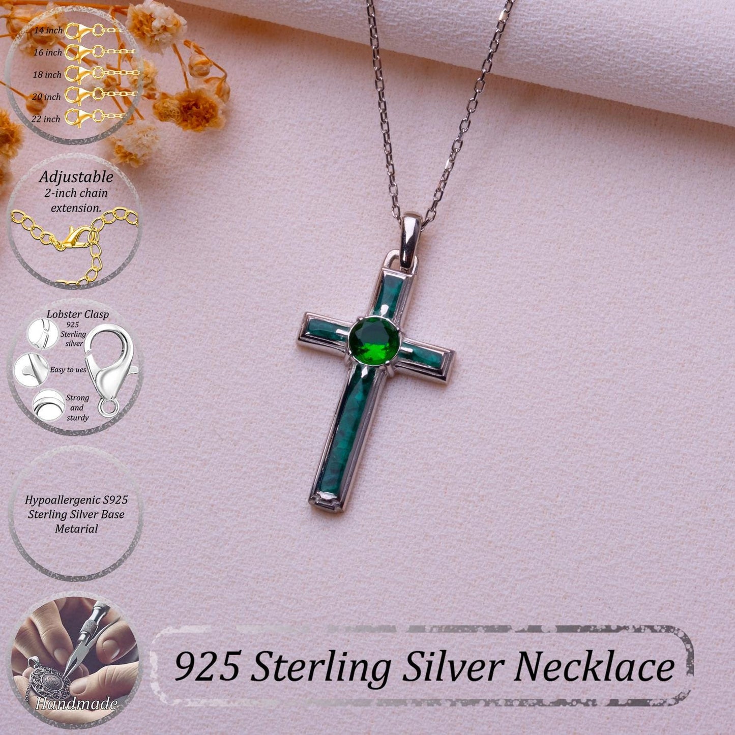 Malachite Cross Necklace: Sterling Silver, Birthstone Pendant