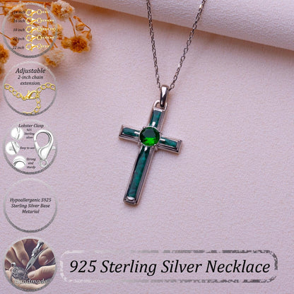 Malachite Cross Necklace: Sterling Silver, Birthstone Pendant