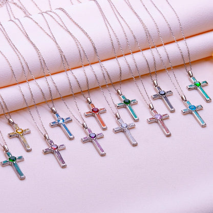 Birthstone Cross Necklace: Sterling Silver, Gold Plated, Gothic Jewelry