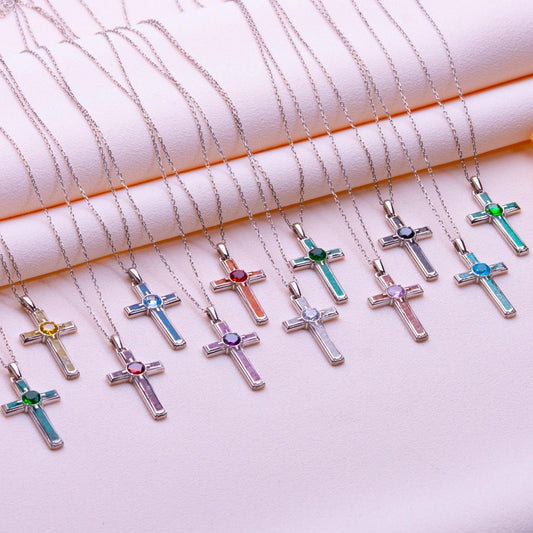 Birthstone Cross Necklace: Sterling Silver, Gold Plated, Gothic Jewelry