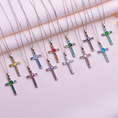 Birthstone Cross Necklace: Sterling Silver, Gold Plated, Gothic Jewelry