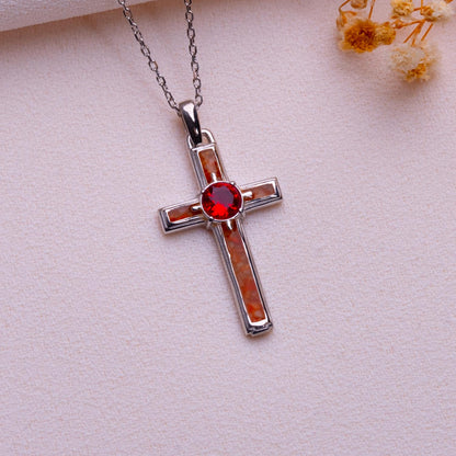 Coral Cross Necklace: Sterling Silver Pendant with Birthstone