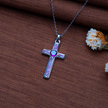 Dainty Amethyst Cross Necklace: Sterling Silver, Birthstone Charm