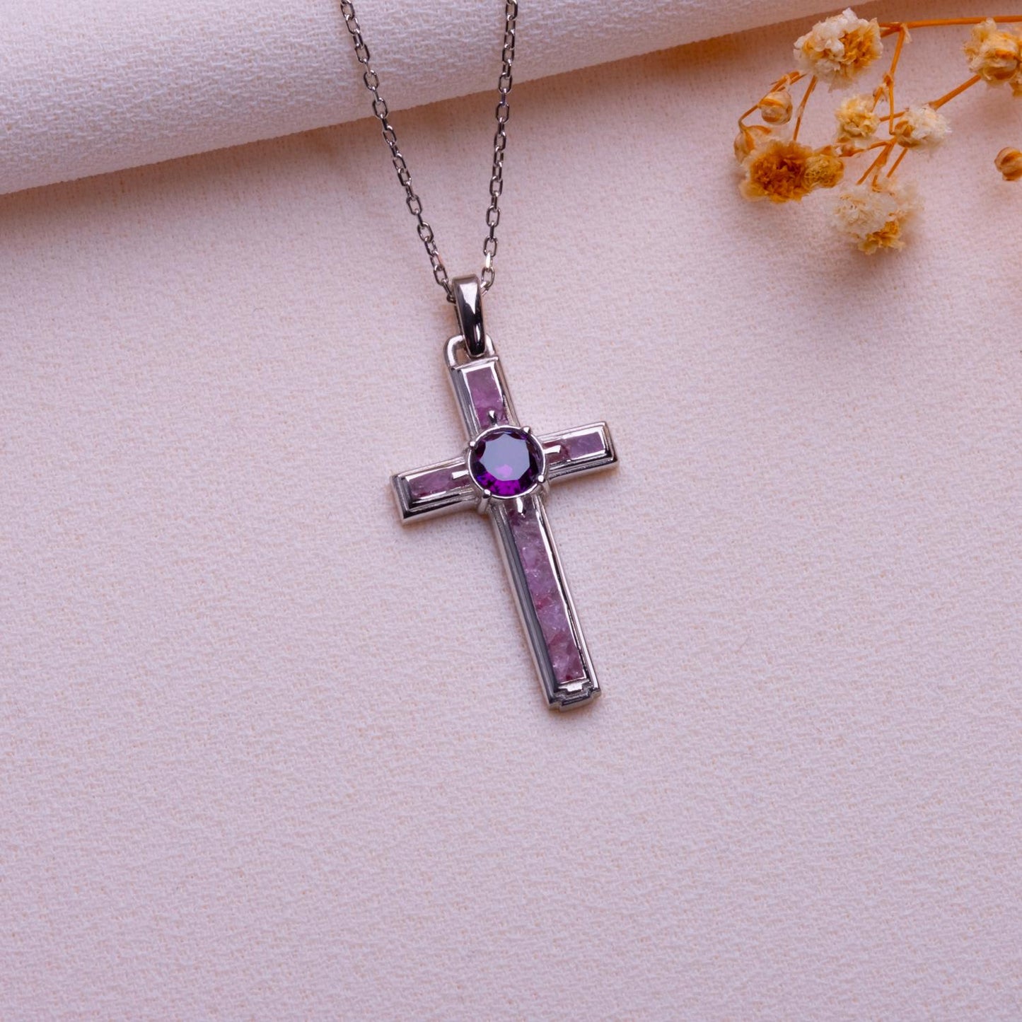 Dainty Amethyst Cross Necklace: Sterling Silver, Birthstone Charm